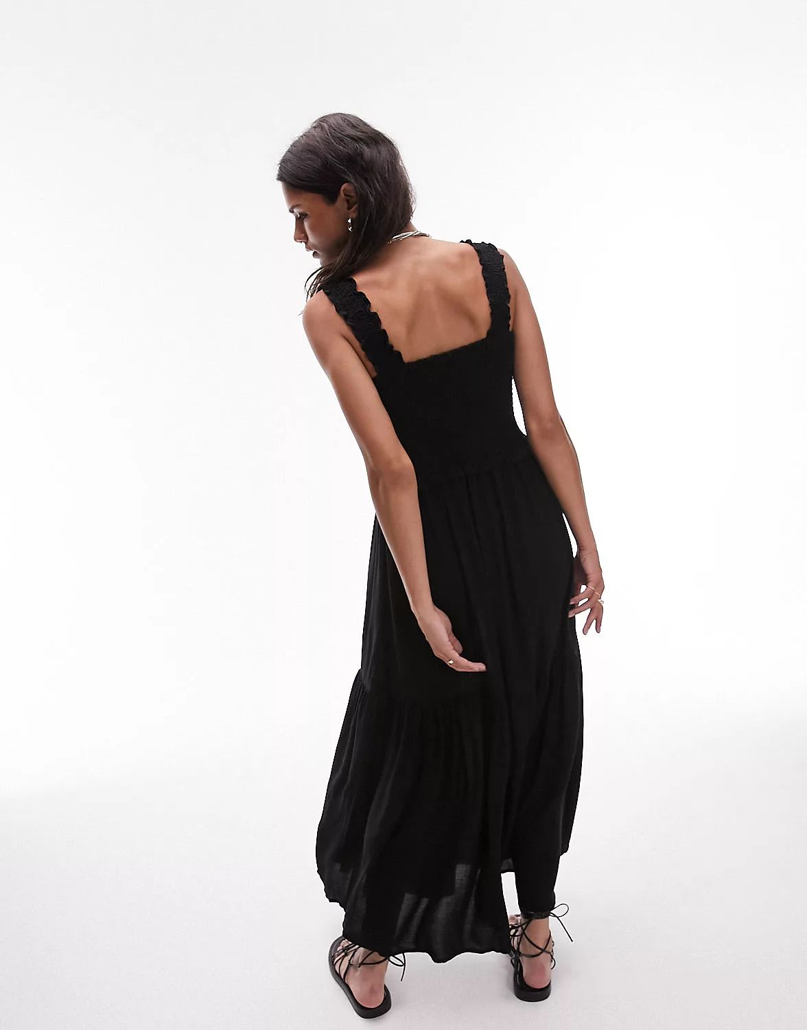 Topshop shirred pinny midi dress in black | ASOS (Global)