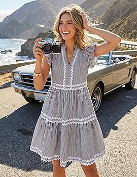 ZESICA Women's Summer Casual Mini Dress 2026 V Neck Flutter Short Sleeve Striped Ruffle A Line Be... | Amazon (US)
