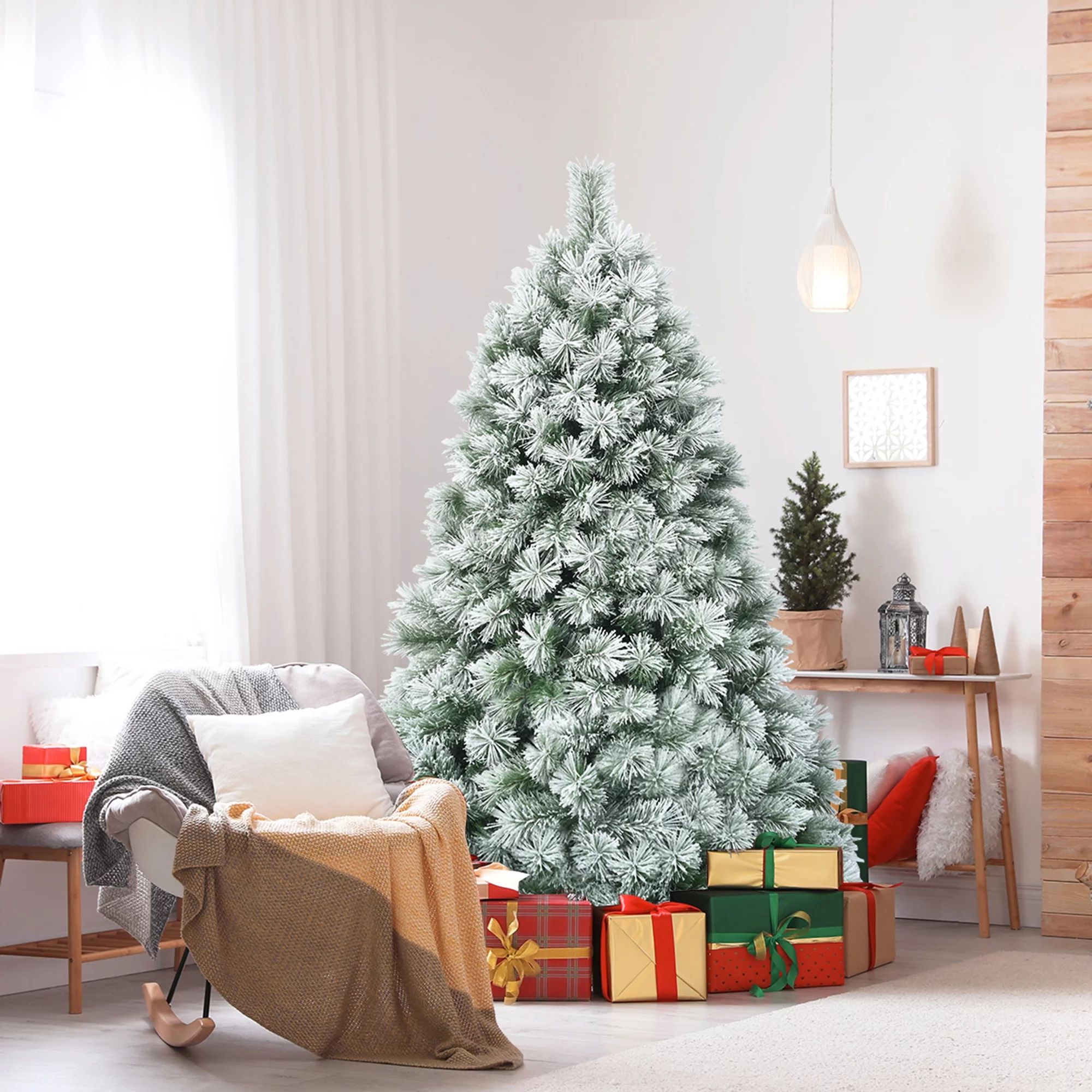 Gymax 6FT Snow Flocked Artificial Christmas Tree Hinged Pine Tree w/ Metal Stand - Walmart.com | Walmart (US)