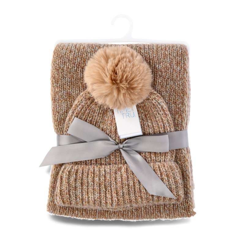 Time and Tru Women's Lurex Weave Beanie and Winter Scarf 2-Piece Gift Set, Tan | Walmart (US)