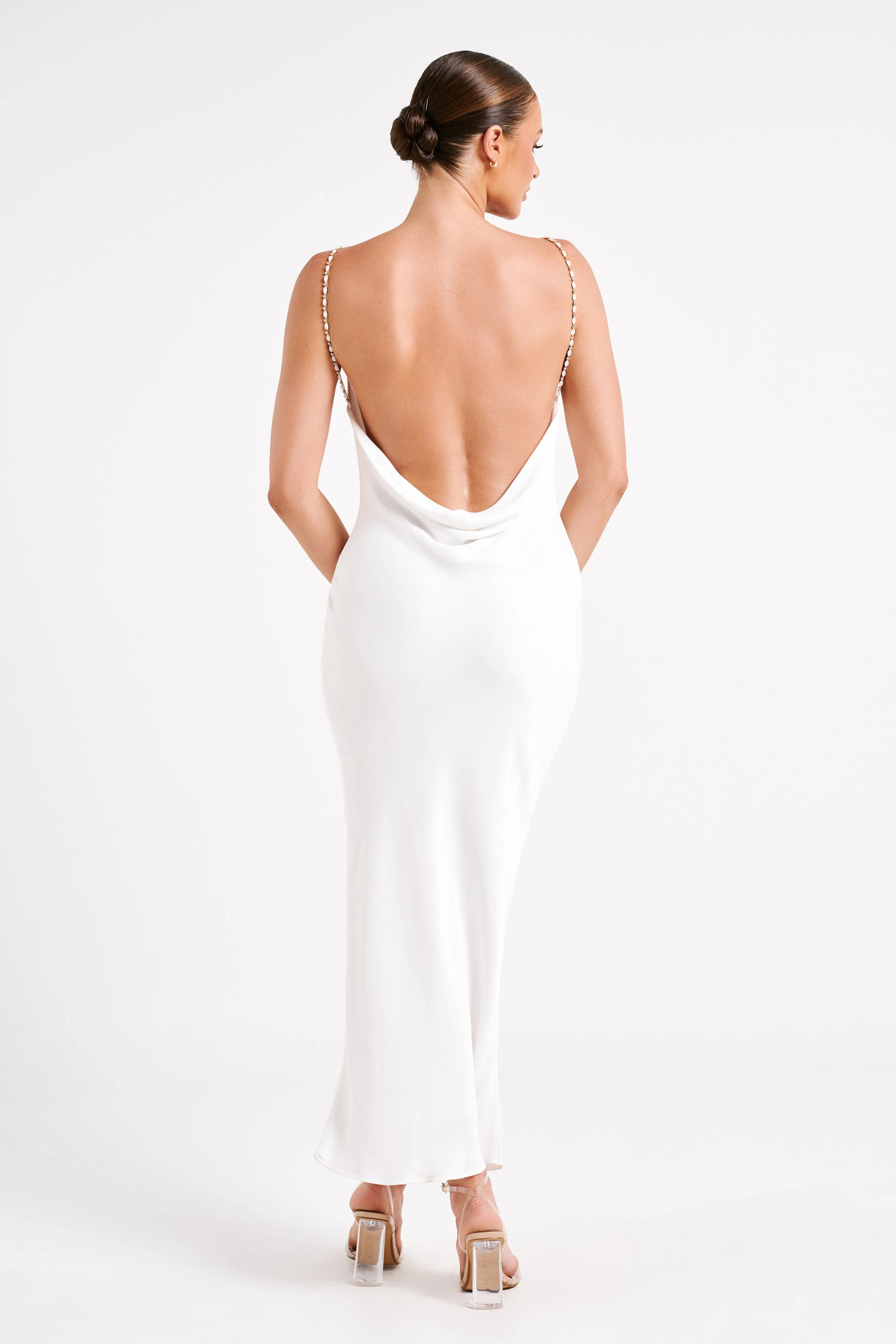 Adela Cowl Midi Dress With Pearl Trim - White | MESHKI US