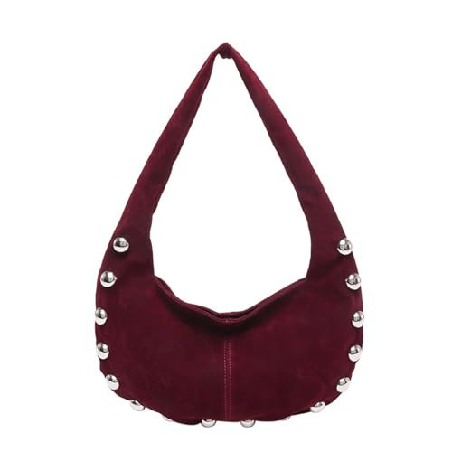 Suede Studded Purse Studded Hobo Shoulder Suede Bag for Women Crescent Purse Soft Underarm Bag with Silver Ball Rivets Trendy Alt Handbag 2025 (Burgundy) | Amazon (US)