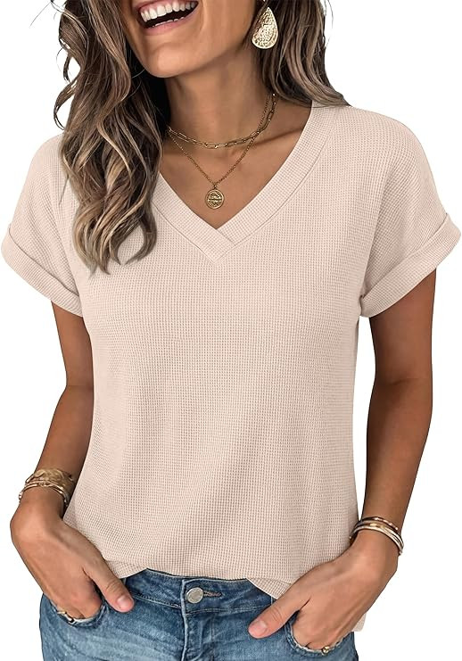 Womens Waffle Knit Tops 2026 Summer Casual Short Sleeve V Neck T Shirts Basic Work Tee Spring Vac... | Amazon (US)