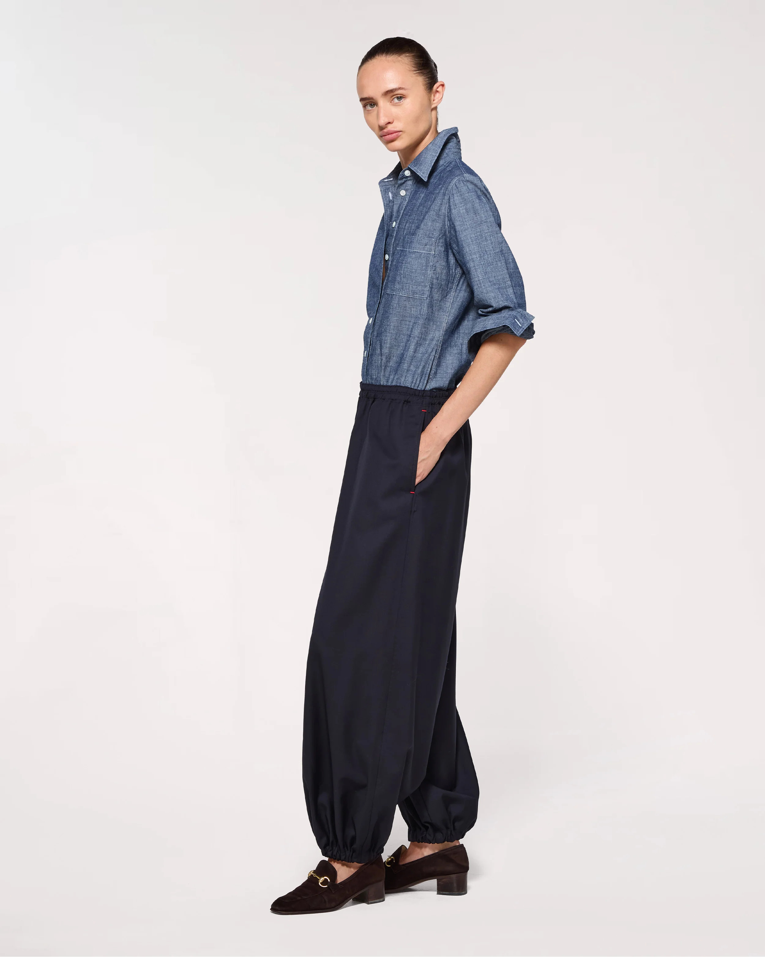 Womens Wool Balloon Trouser in Navy | Serena Bute
