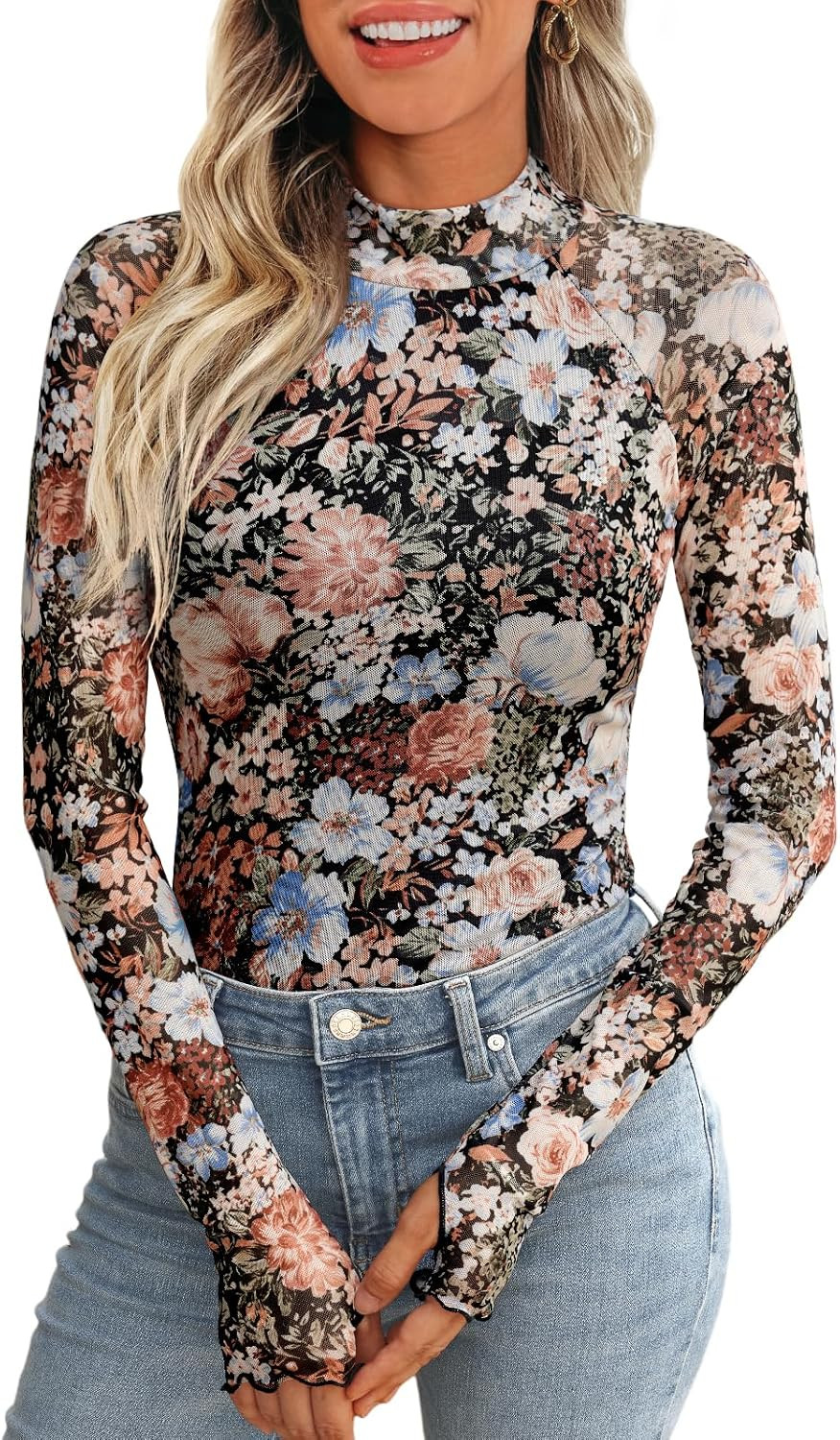 Womens Lace Sheer Floral Mesh Mock Neck Tops | Amazon (US)