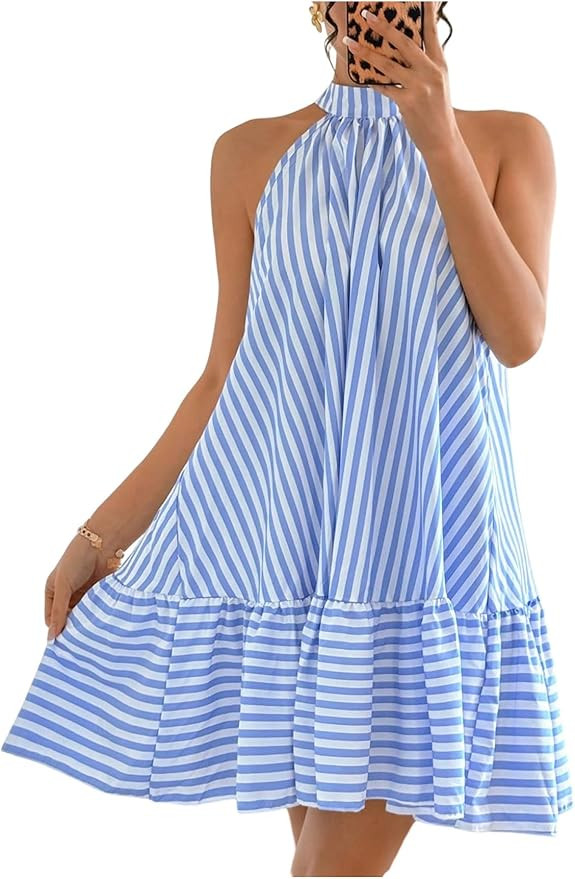 Floerns Women's Summer Halter Dress Striped Sleeveless Ruffle Hem Beach Vacation Flowy Dresses | Amazon (US)