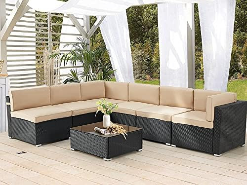 AECOJOY 7 Piece Patio PE Rattan Wicker Sofa Set, Outdoor Sectional Conversation Furniture Chair S... | Amazon (US)