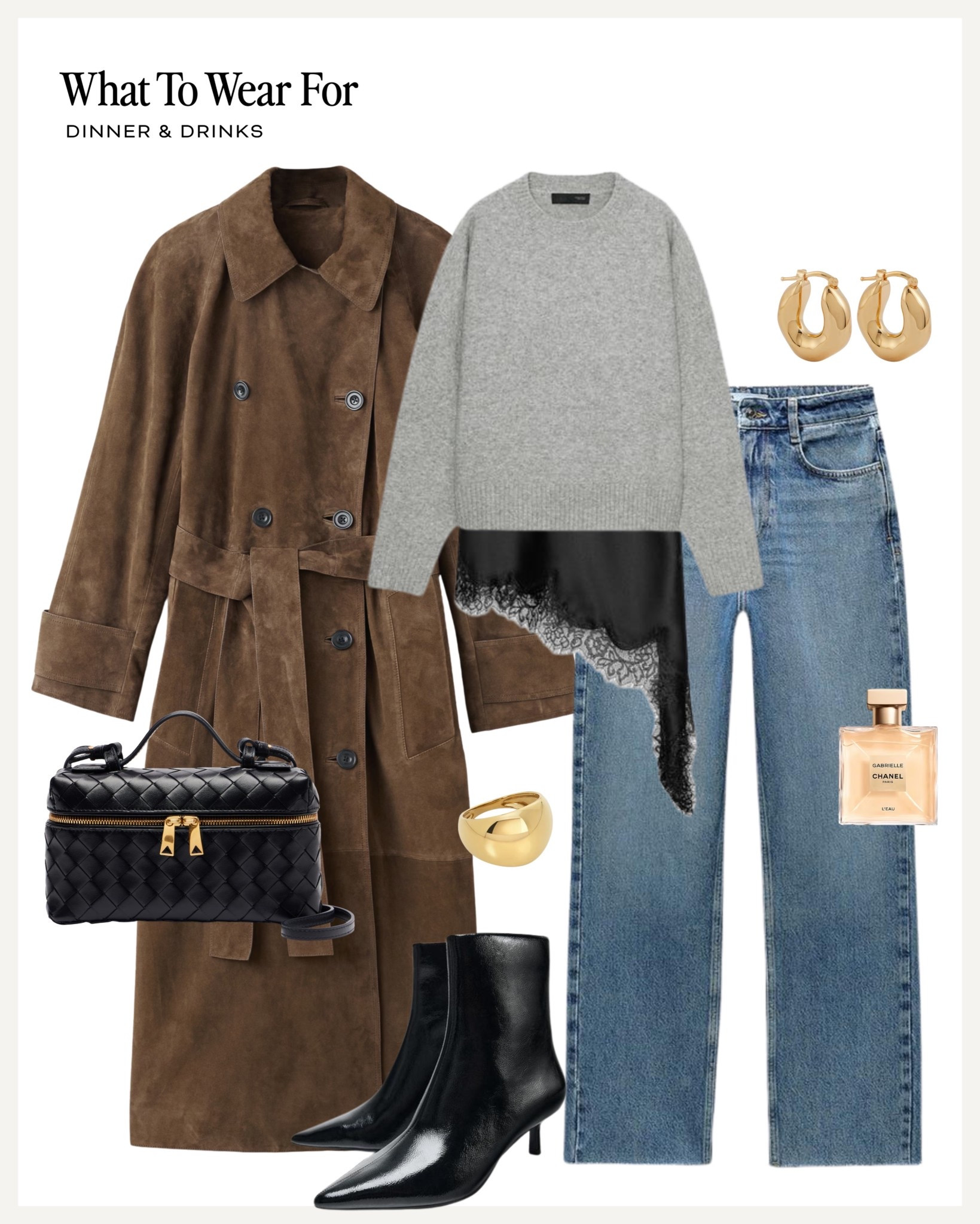 Dinner & drinks 🍷 

Evening style / date night / autumn outfit / suede trench / grey knit / silk lace top / straight jeans / heeled boots 

#LTKuk #LTKautumn #LTKdatenight