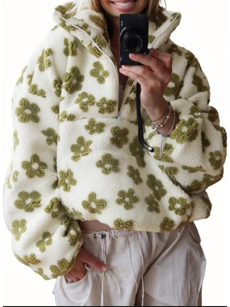 Women's Fall Cute Floral Faux Fur Pullover Fleece Sweatshirt Casual Zip Up Winter Sherpa Jacket | Walmart (US)