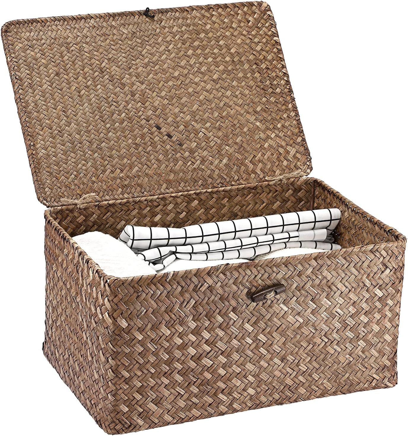 Hipiwe Wicker Shelf Baskets Bin with Lid, Handwoven Seagrass Basket Storage Bins Rectangular Hous... | Amazon (US)