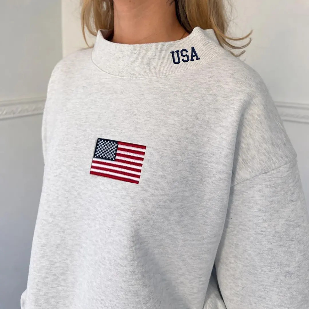 USA Flag Embroidered Mock Neck Sweatshirt | Vintage Preppy American Pullover - Etsy | Etsy (US)