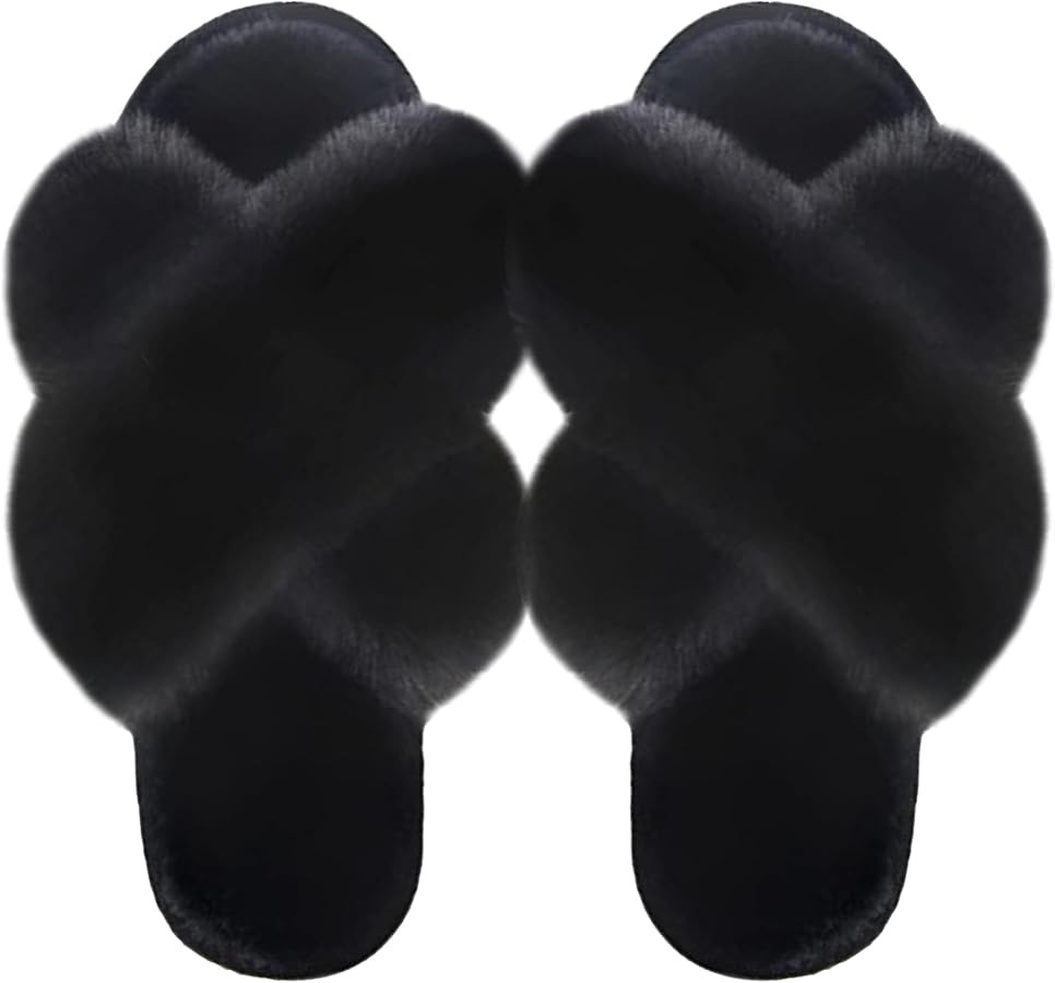 TOSKATOK Ladies Warm Cross Band Slippers Soft Faux Rabbit Fur Plush Furry Cosy Open Toe House Sho... | Amazon (UK)