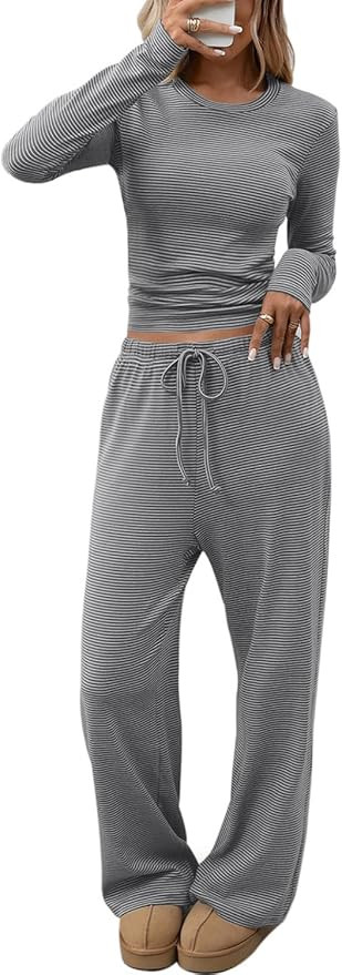 CHYRII Womens Two Piece Sets Fall Fashion Striped Long Sleeve Tops Wide Leg Palazzo Pants Outfits... | Amazon (US)