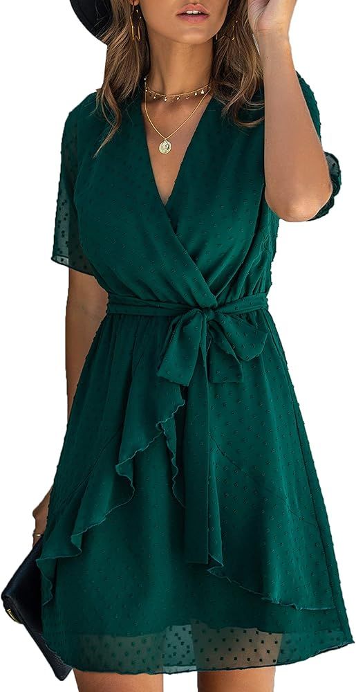 Women V Neck Short Sleeve Polka Dot Floral Pattern A-Line Tie Belt Short Dress with Ruffle Irregu... | Amazon (US)