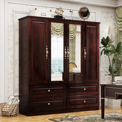 Solid Wood Armoire Wardrobe Closet with Mirror, 4 Doors, Hanging Rod & Drawers – Brown/Black Storage Cabinet for Bedroom Organization | Wayfair North America