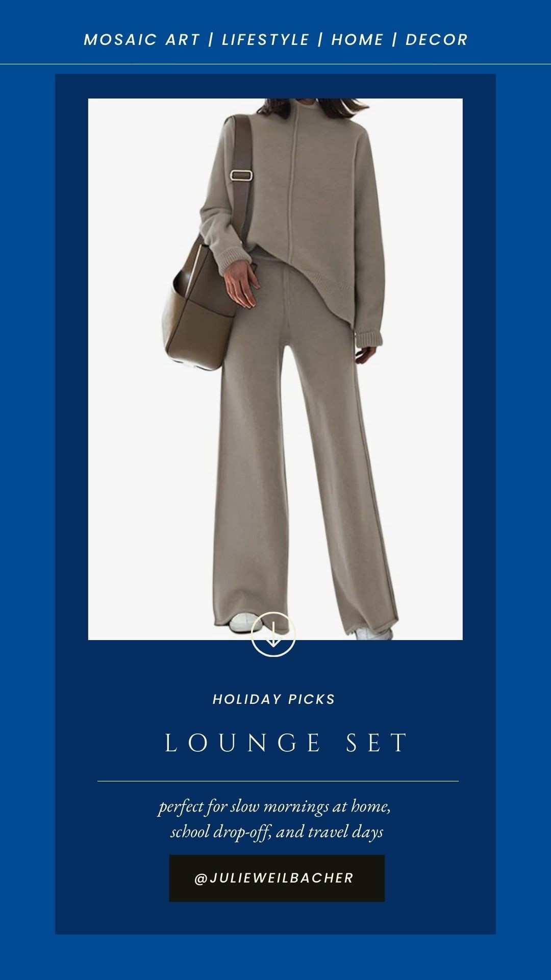 Feeling comfy-cozy is the goal during winter, and this 2-piece lounge set looks the part! It comes in lots of beautiful colors and is perfect for quiet days at home, running errands, or a day of flights.

And as a mosaic artist, this is exactly what I want to wear when I’m in my studio working on cold days. For mosaic tips, tutorials + inspiration please visit my YouTube channel: YouTube.com/julieweilbacher. Follow @julieweilbacher on Instagram for all things mosaic art.

#airportoutfit #loungeset #tracksuit #sweaterset #travelset #sweatsuit #amazon #widelegpants #travelset #pullonpants #loungewear #casualfit #matchingset

#LTKFindsUnder50 #LTKootd #LTKMidsize