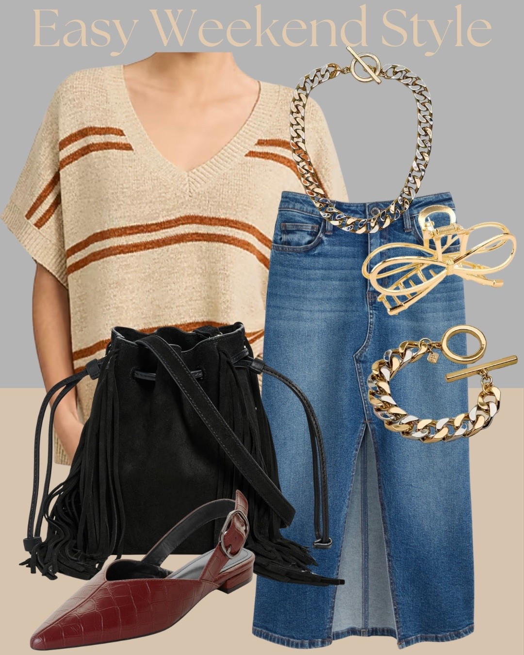 Easy weekend outfit with striped knit sweater, denim midi skirt and burgundy slingback flats.
This is an effortless casual look that feels relaxed but still styled, especially with the fringe bucket bag and gold layered jewelry.

#LTKCasual
#LTKDenim
#LTKWeekend
#LTKStyleTip
#LTKAccessories
#LTKFall


#LTKootd