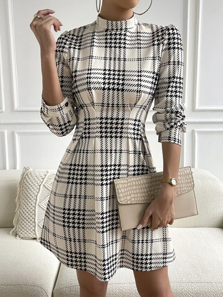 SHEIN Privé Plaid Print Puff Sleeve Pleated Detail Mock Neck Dress | SHEIN