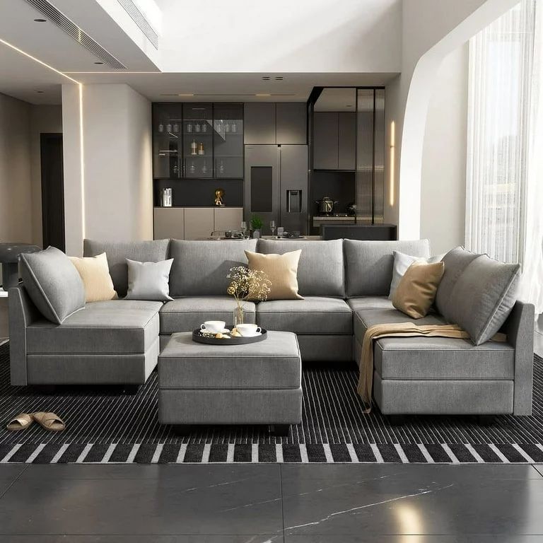 HONBAY Modern Living Room Furniture Sofa Set with Storage Ottomans, Grey | Walmart (US)