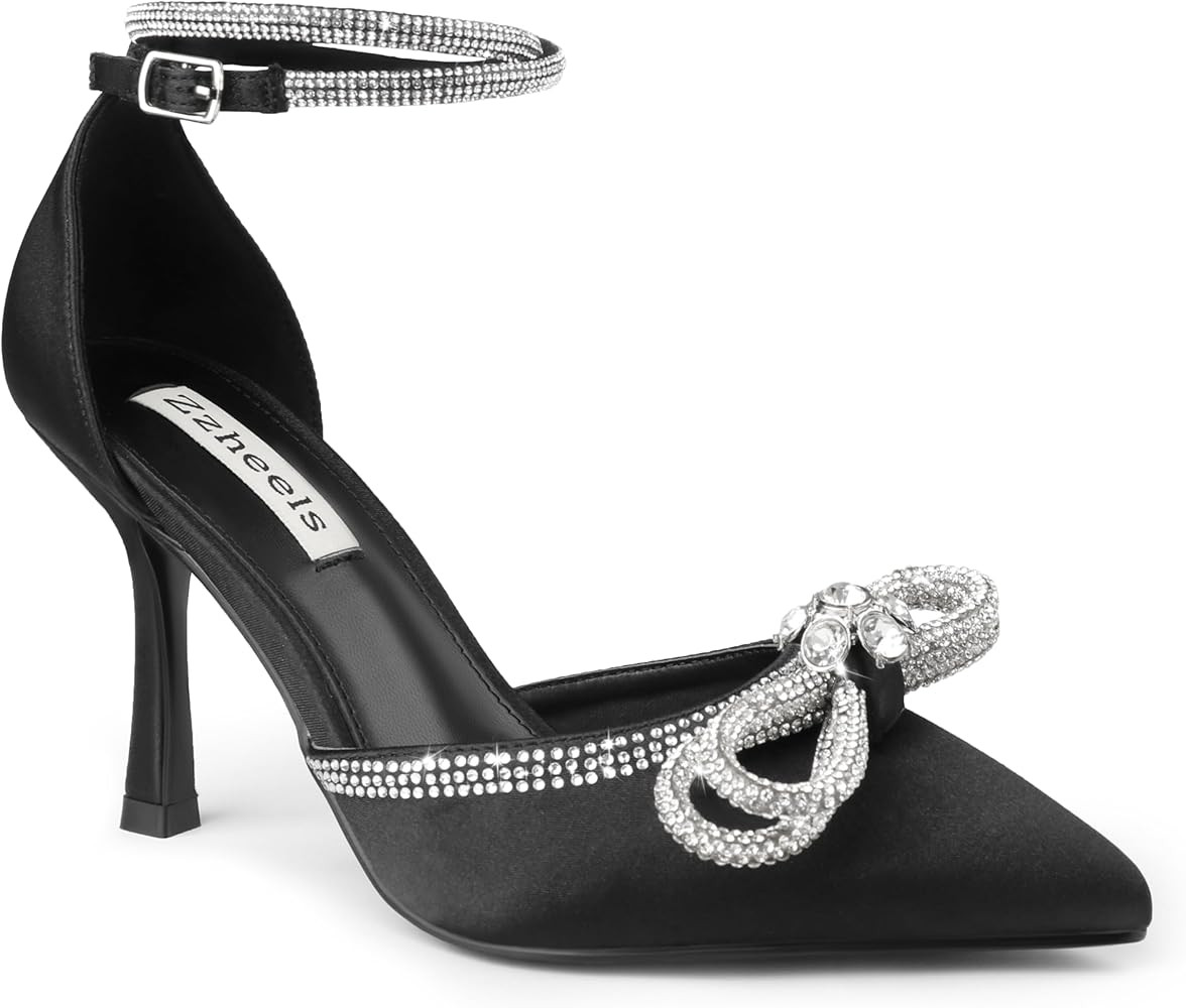 Zzheels Women's Wedding Heels Sparkly Rhinestone Stiletto Pumps Bow Heels Pointed Toe Ankle Strap... | Amazon (US)