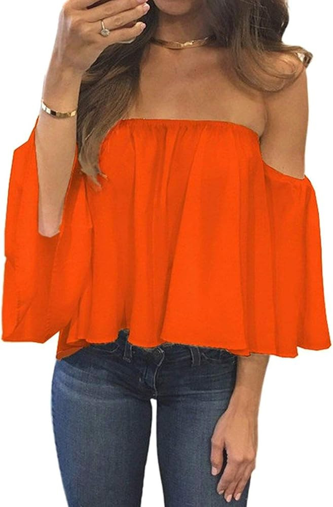 Bluetime Women Summer Off Shoulder Chiffon Blouse Ruffles Short Sleeves Tops Casual T Shirt | Amazon (US)