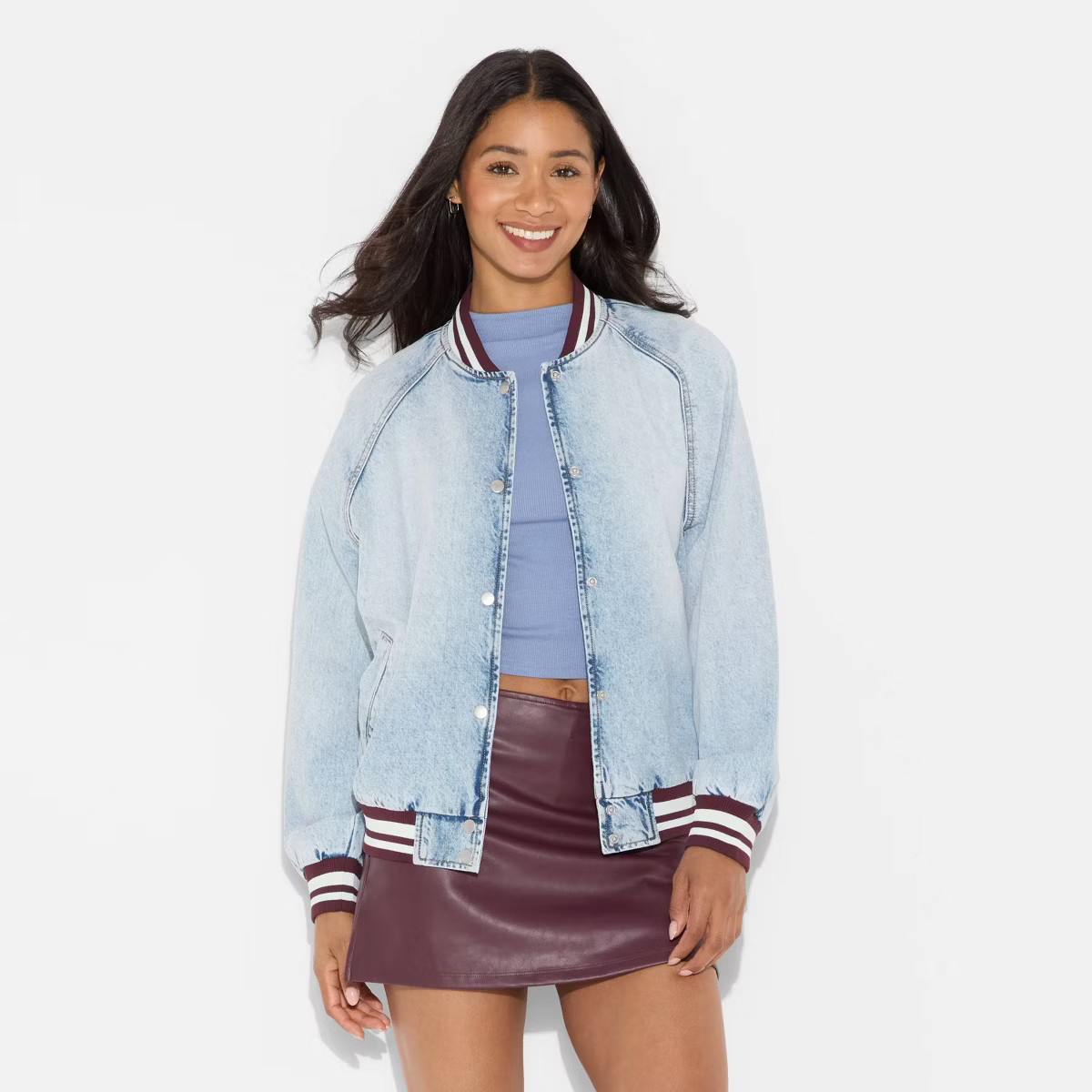 Women's Denim Varsity Jacket - Wild Fable™ Medium Wash XXS | Target