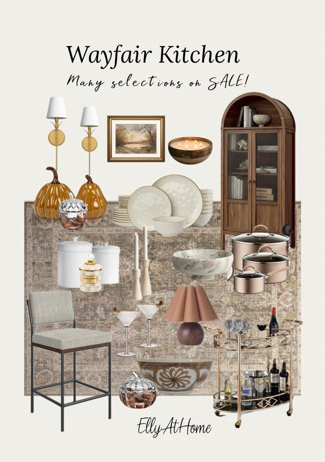 Wayfair fall kitchen finds! Shop cabinets, kitchen stools, neutral area rug, dinnerware, bar stool, bowls, sconces, small lamp, canisters, pumpkin decor + more neutral kitchen accessories! Fall epic sales! Free shipping. #wayfair #wayfaircreator @Wayfair

#LTKdayinmylife #LTKHome #LTKSaleAlert