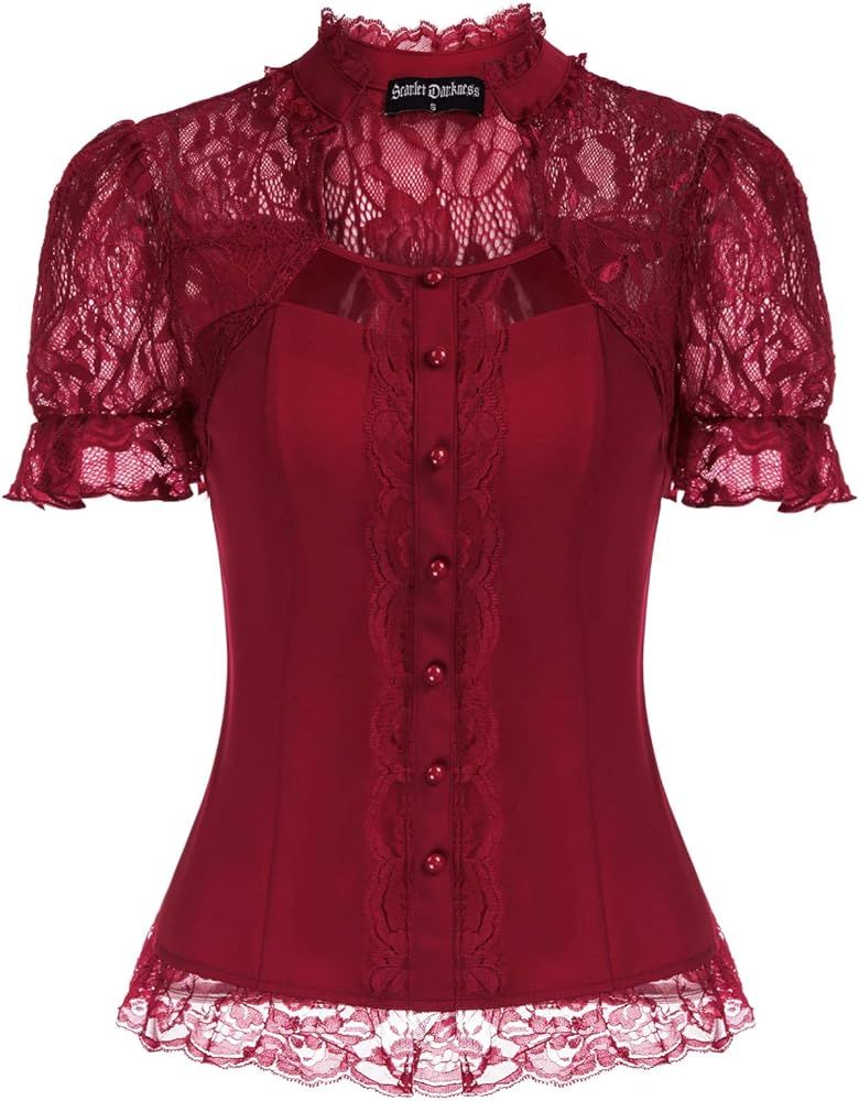 Victorian Tops Short Lace Sleeve Shirts Stand Collar Blouse | Amazon (US)