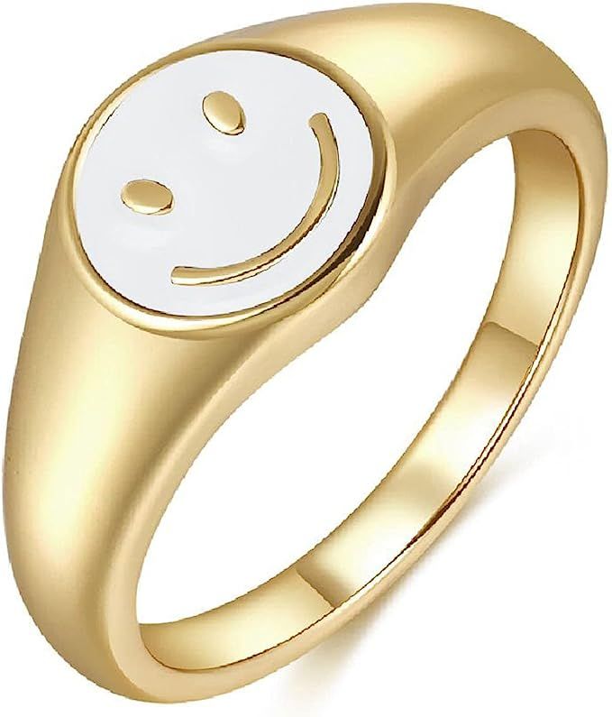 Smiley Face Ring Signet Asthetic Cool Dainty Statement Rings for Women Girls | Amazon (US)