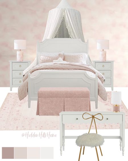 Girls bedroom mood board, canopy for girls bed, girls bedroom pink wallpaper, cute girls bedroom design #bedroomm

#LTKsalealert #LTKkids #LTKhome