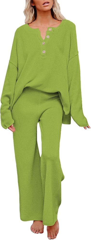 Pink Queen Women's 2 Piece Outfit Set Long Sleeve Button Knit Pullover Sweater Top and Wide Leg P... | Amazon (US)