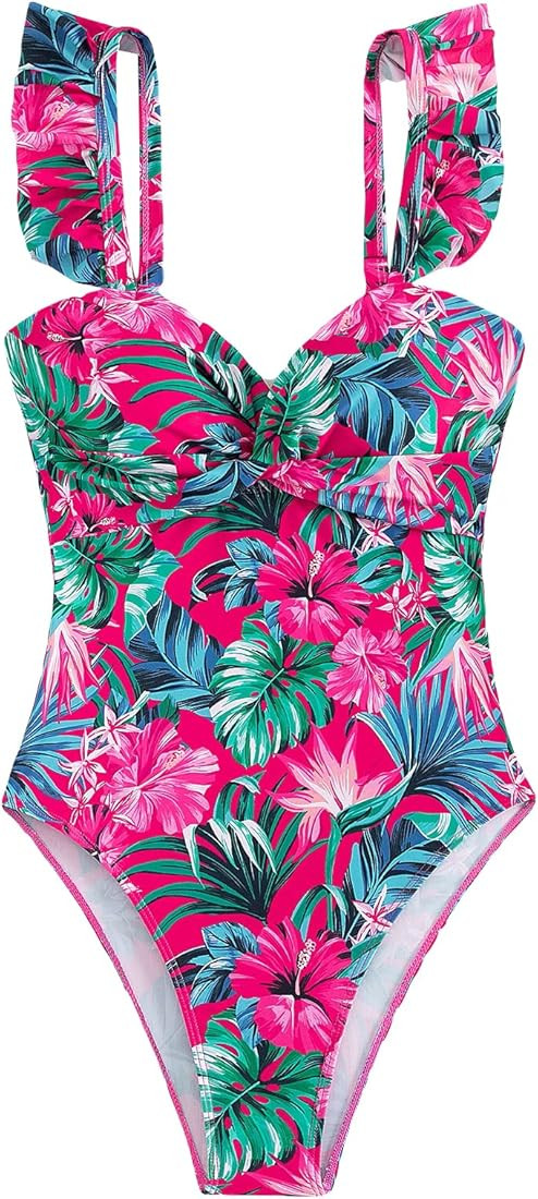 WDIRARA Women's Tropical Print Ruffle Trim Swimwear Twist Front Ruched Onepiece Swimsuit | Amazon (US)