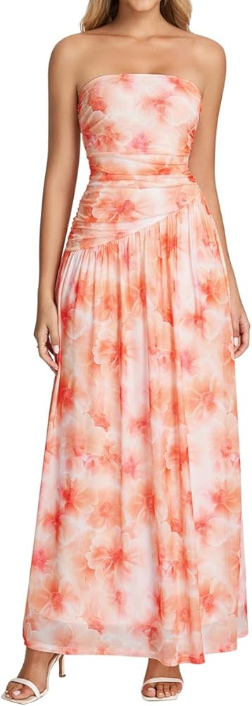 Tube Top Floral Maxi Dress Summer Flowy Strapless Cocktail Wedding Guest Long Formal Dress for Wo... | Amazon (US)