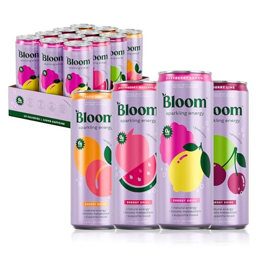Bloom Nutrition Sparkling Energy Drink - Variety Pack - Natural Caffeine, Zero Sugar, 180mg Caffeine - Antioxidant-Rich with Green Coffee Bean, Green Tea Extract, Prebiotics - 12oz 12 Pack | Amazon (US)