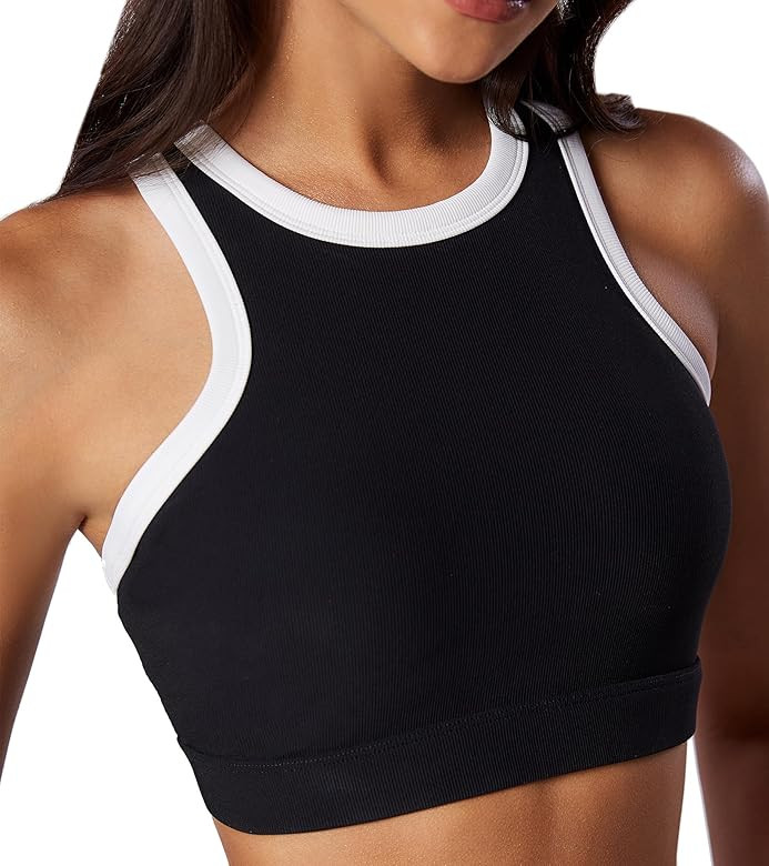 Move With You Womens Ribbed Sports Bra Tank with Padding Workout Fitness High Neck Racerback Yoga... | Amazon (US)
