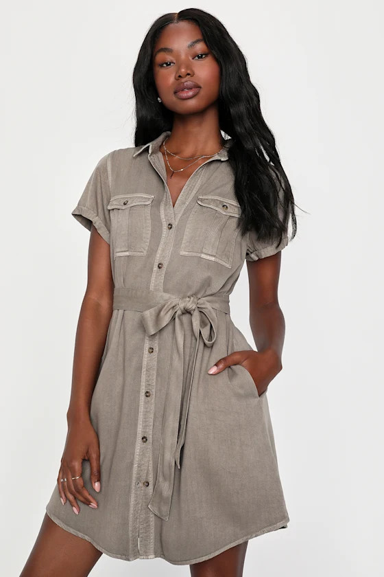 Everyday Adorable Olive Green Button-Up Shirt Dress With Pockets | Lulus (US)