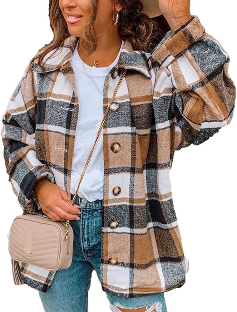 Peaceglad Women's Lounge Lapel Button Up Long Sleeve Plaid Long Shirt Jacket Shacket | Amazon (US)