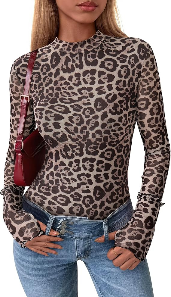 PRETTYGARDEN Womens Mesh Floral Blouses 2025 Fall Clothes Long Sleeve Going Out Tops Fitted Shirt... | Amazon (US)