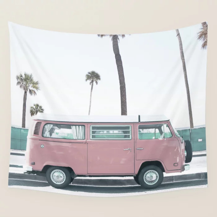 Pastel Pink Van at Coast Wall Tapestry by TrendArt | Society6