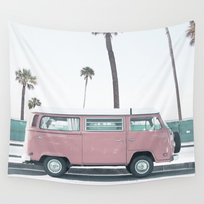 Pastel Pink Van at Coast Wall Tapestry by TrendArt | Society6