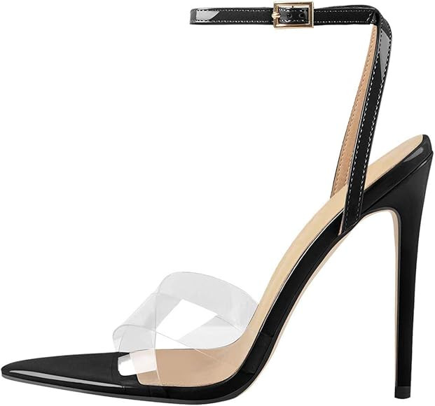 FSJ Women Clear Peep Toe Cross PVC Band Stiletto High Heel Ankle Strap Slingback Party Dress Sand... | Amazon (US)