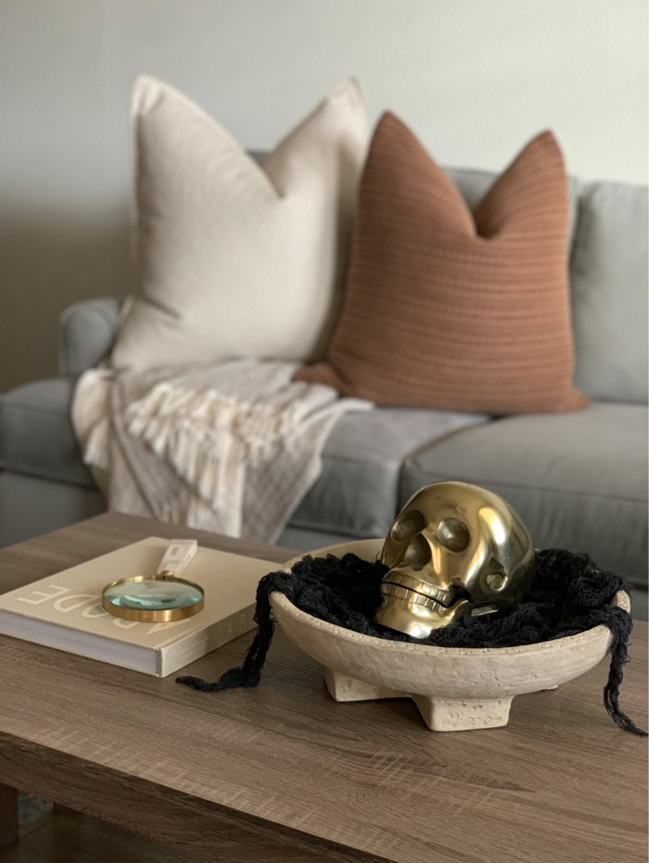 Halloween. Coffee table. Living room. Subtle. Home. Neutral. Warm tones. Neutrals. Living. Cozy. Inviting. Favorites. Finds. Grey sectional. Couch. 

#LTKHalloween #LTKstyletip #LTKhome