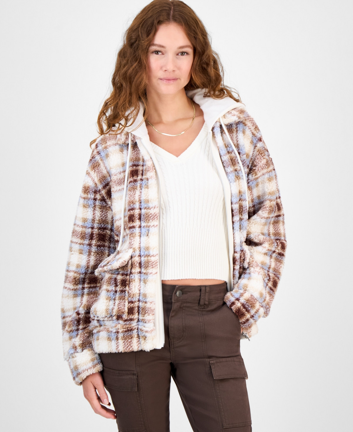 Madden Girl Juniors' Plaid Long-Sleeve Sherpa Jacket - Brown Combo | Macy's