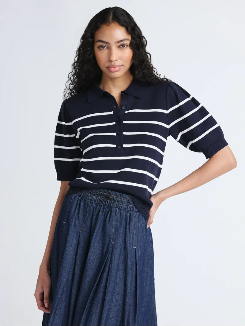 Free Assembly Women's Collared Sweater Tee with Puff Sleeves, Lightweight, Sizes XS-XXL | Walmart (US)