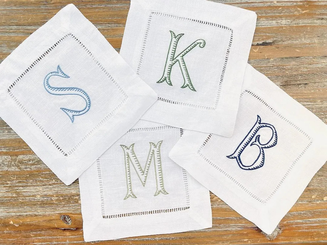 Baroque Monogrammed Cocktail Napkins, Set of 4, Embroidered Cocktail Cloth Napkins, Linen Cocktai... | Etsy (US)