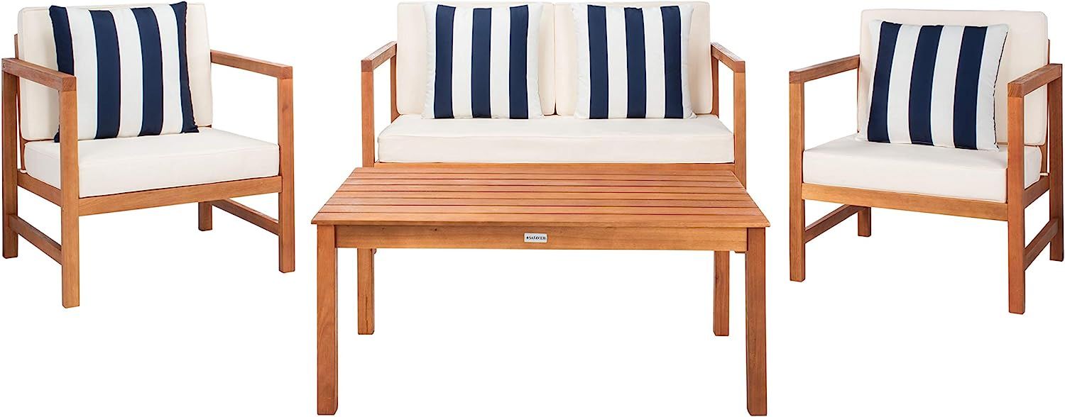 SAFAVIEH Outdoor Collection Montez Natural/ White Cushions/ Striped Pillows 4-Piece Conversation ... | Amazon (US)