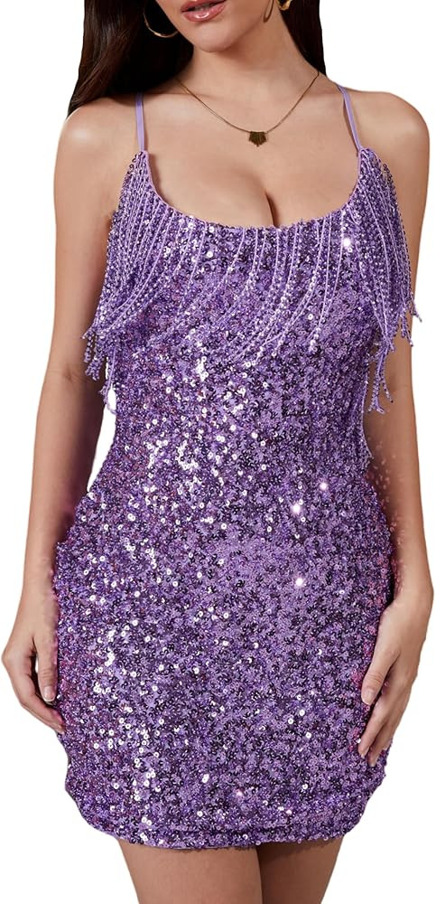 Zebaexf Women's Sequin Dress Fringe Glitter Sexy Sparkly Sleeveless Bodycon Mini Dresses Backless... | Amazon (US)