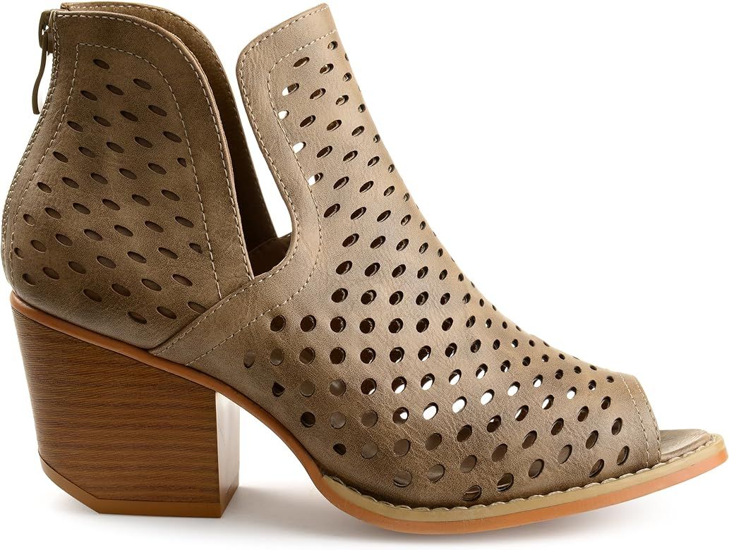 Brinley Co. Womens Abrail Faux Leather Side-Slit Open-Toe Perforated Booties | Amazon (US)