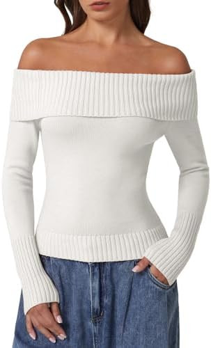 QINSEN Cotton Off The Shoulder Sweater for Women Long Sleeve Ribbed Knit Pullover Sweater Slim Fi... | Amazon (US)