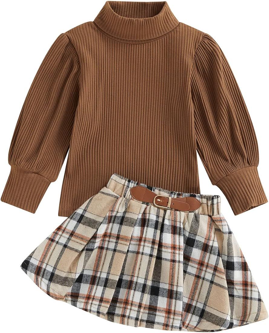 Fernvia Toddler Baby Girl Fall Winter Skirt Set Turtleneck Ribbed Long Sleeve T-Shirt Top & Plaid... | Amazon (US)